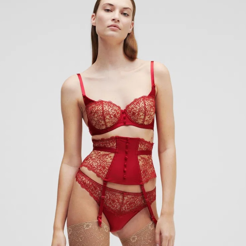 Aubade - Saint Tropez Lace Corset & Bra Set - Red / 32D - Picture 2 of 6